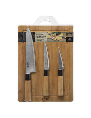 Tabla de cortar de bambú + cuchillos